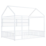 Full Size Metal Bed House Bed Frame with Fence and Shelves, White N737P175361K