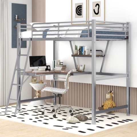 ZUN Twin Size Loft Metal&MDF Bed with Desk and Shelf, Silver 76899827