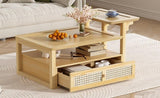 U-Can Modern Coffee Table, Coffee Table with 1 Storage Shelf, 2 Tabletops and 1 Rattan Drawer For N724P232190N