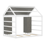 Wooden Twin Size House Bed with Fence and Roof, Kids Floor Bed with Two Movable Wardrobes, Gray N733P240134E