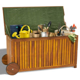 ZUN 57 Gallon Outdoor Wood Storage Container with 2 Wheels, 2 in 1 Mutifunctional Garden Storage Bench 33551199