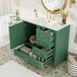 36" Green Bathroom Vanity with Solid Pine Frame, 1 Soft Close Door and 3 Drawers , Modern Storage N729P211167F