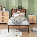 Twin Size Bed Frame with Storage Headboard, Metal Platform Bed with Charging Station, Bookcase W840P192226