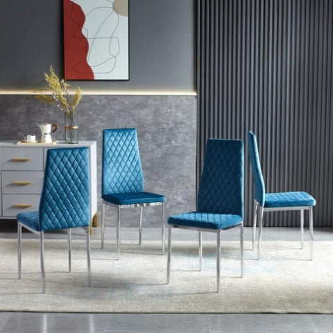 ZUN Light blue modern simple style dining chair leather chrome metal pipe diamond grid pattern W29964250