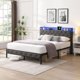 Queen Bed Frame Storage Headboard, Charging Station and LED Lights, Upholstered Platform Bed 09464391