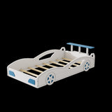 ZUN Wooden Race Car Bed,Car-Shaped Platform Twin Bed with Wheels For Teens,White & Blue WF310553AAK