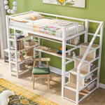 ZUN Twin Size Metal Loft bed with Staircase, Built-in Desk and Storage Shelves, White 68735084