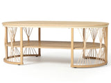 2-Tier Oval Coffee Table, 37.8" x 19.7" x 18.1", Melamine MDF & Iron Frame, Rattan Shelf, Wood Grain 74303718
