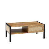 ZUN 40.16" Rattan Coffee table, sliding door for storage, metal legs, Modern table for living room , 62285166