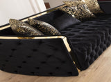 Button Tufted Sofa Finished with Velvet Fabric and Gold Accent in Black B00961118