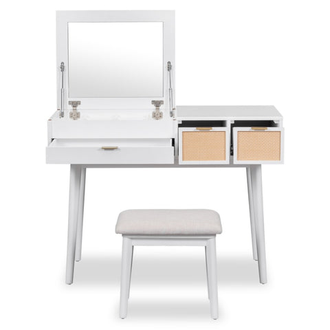 ZUN 43.3" Classic Wood Makeup Vanity Set with Flip-top Mirror and Stool, Dressing Table with Three 52892494