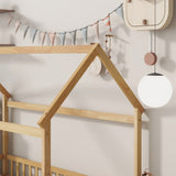 Twin Size House Floor Wooden Bed with Roof Frame,Safety Guardrails,Natural W504P286404