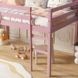 Solid Wooden, Rubber Wooden Twin Loft Bed with Ladder, Bed Platform of Strengthened Slats, Pink W504P190960