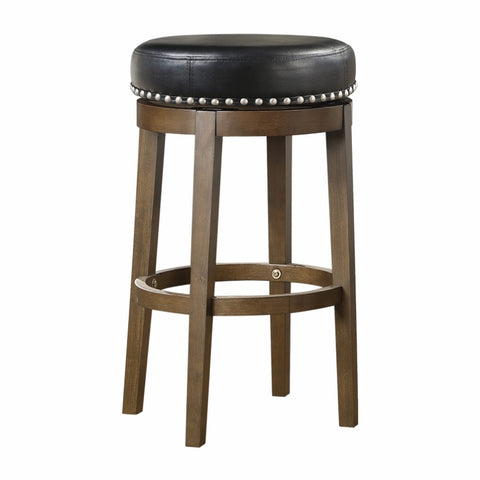 ZUN Round Swivel Bar Stool Set of 2, Black Faux Leather 360-degree Swivel Seat Nailhead Trim Solid Wood B011P201563