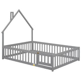 Full House-Shaped Headboard Floor Bed with Fence ,Grey W504119480