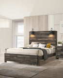 1pc Rustic Style Butcher Block Finish Weathered Brown Finish Queen Size Bed w/ Lamp Wooden Bedroom B011P230851