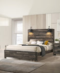 ZUN 1pc Rustic Style Butcher Block Finish Weathered Brown Finish Queen Size Bed w/ Lamp Wooden Bedroom B011P230851