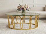 Gold Round Coffee Table, Modern Glass Top Center Table with Luxury Golden Metal Frame, Decorative N735P503635K