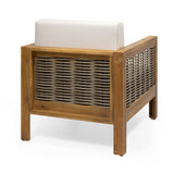 Outdoor Acacia Wood Club Chair with Wicker Accents, Teak Finish Mixed Brown Beige, 30.25"D x 68942.00BGE