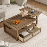 U-Can Modern Coffee Table, Coffee Table with 1 Storage Shelf, 2 Tabletops and 1 Rattan Drawer For N724P232190D