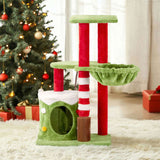 32in Cat Scratching Posts Tower with Cat Condo and Hammock, Christmas Themed Plush Cat Tree with Cat 13527458