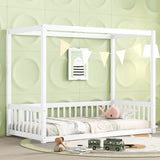 Twin Size Canopy Frame Floor Bed with Fence, Guardrails,White W504P143278