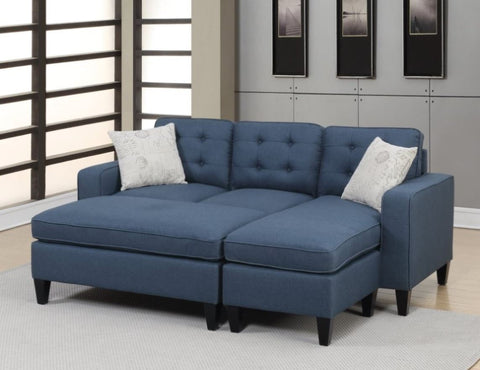 ZUN Reversible 3pc Sectional Sofa Set Navy Tufted Polyfiber Wood Legs Chaise Sofa Ottoman Pillows B01149073