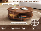 Round Fluted Coffee Table with Storage, Pine Solid Wood, Sliding Door, Walnut, 31.8" 90275322