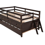 ZUN Low Loft Bed Twin Size with Full Safety Fence, Climbing ladder, Storage Drawers and Trundle Espresso 95642683