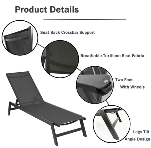 ZUN NEW Outdoor Chaise Lounge Chair,Five-Position Adjustable Aluminum Recliner,All Weather For 95118057