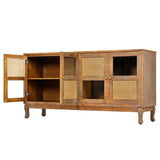 Retro 4-Door Sideboard with Large Storage Space Artificial Rattan Doors and Transparent Glass, W2696P256248