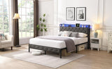 Full Bed Frame Storage Headboard, Charging Station and LED Lights, Upholstered Platform Bed 42481960
