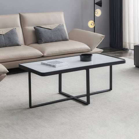 ZUN Minimalism rectangle coffee table,Black metal frame with sintered stone tabletop 05384059