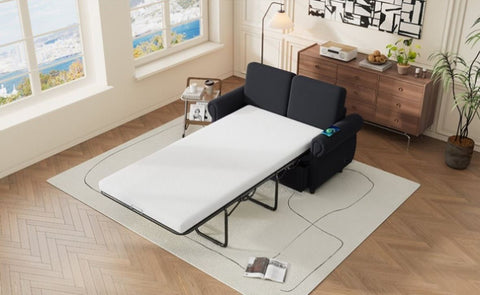 ZUN 57.9" Orisfur Pull Out Sofa Bed Loveseat Sleeper with Twin Size Memory Mattress with Two USB Ports N719P210624B