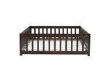 Full Size Floor Bed with Fence and Door,Rubber Wood Floor Bed with Safety Guardrails,Espresso W504P429302