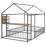 Full Size Metal Bed House Bed Frame with Desk, Shelves, Power Outlets and USB Ports, Black N737P173491B