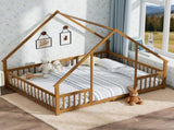 Queen Size Montessori Kids Floor Bed Frame, Playhouse Bed with Triangle Roof Frame, FullSurround 20896867
