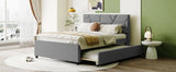Full Size Upholstered Platform Bed with Brick Pattern Headboard and Twin Size Trundle, Linen Fabric, 49640107