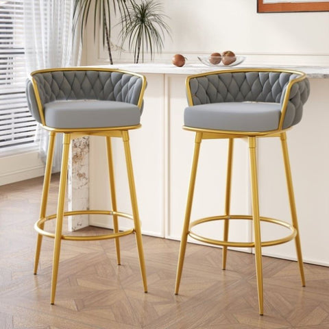 ZUN Swivel Counter Height Bar Stools Set of 2,31.5"Bar Height Stools with Hand-Woven Backrest & Gold N762P216979E