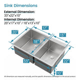 33"x19" Embedded Double Bowl Kitchen Sink, Overmount Handmade Sink in Brushed T3177P296190