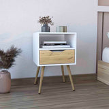 Nightstand 25"H, Superior Top, Four Legs, One Open Shelf, One Drawer, White / Light Oak B097132997