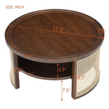 ZUN 2-Tiered Round Walnut Wood Coffee Table with Storage Rattan Base in 31.3'' N735P185131D