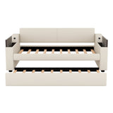 Twin Size Upholstery Daybed with Storage Arms, Trundle and USB Design, Beige 06512731