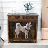 ZUN 38.4" Wooden Dog Crate Furniture Decorative Pet Cage Dog Kennel with 2 Drawers 64104037