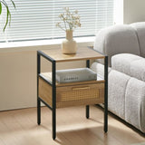 ZUN 15.75" Rattan End table with drawer, Modern nightstand, metal legs,side table for living room, W1265121750