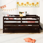 ZUN Low Loft Bed Twin Size with Full Safety Fence, Climbing ladder, Storage Drawers and Trundle Espresso WF312991AAP