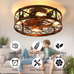 ZUN (Amazon No Listing)Caged Ceiling Fans with Lights Black, 20 inch Flush Mount Ceiling Fan Light, W1340103794