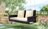 ZUN 2-Person Wicker Hanging Porch Swing with Chains, Cushion, Pillow, Rattan Swing Bench for Garden, 94685542