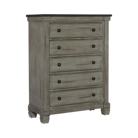 ZUN Transitional-Rustic Style Coffee and Antique Gray 5-Drawer Chest 1pc Flat Knobs Classic Bedroom B011P240232