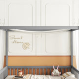 Twin Size Canopy Frame Floor Bed with Fence, Guardrails,Grey W504P143277